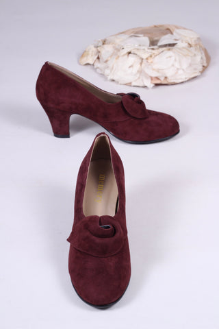 40's vintage style pumps in suede with rosette - Plum - Luise