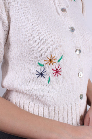 Late 1930s / 1940s style summer bouclé cardigan. Off-White with embroidery- Sarah