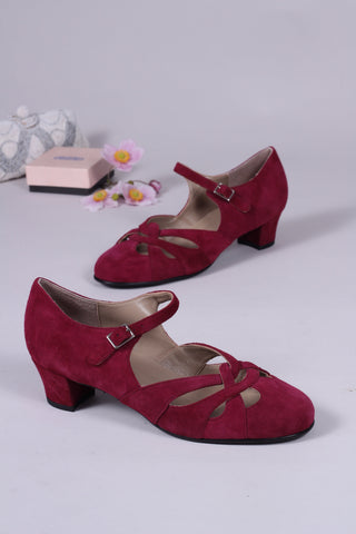 Everyday 1930s /1940s style suede sandals - Burgundy red - Ida