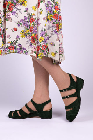 1940s - suede wedge sandals - Dark Green - Irene
