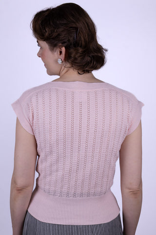 1950s style cap-sleeved jumper in fine lace knit - Pastel rose - Iris