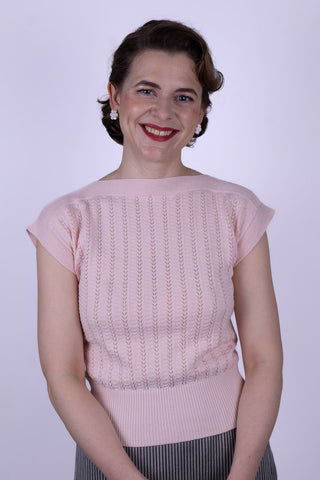 1950s style cap-sleeved jumper in fine lace knit - Pastel rose - Iris