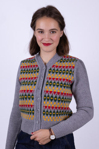 1940s style Merino cardigan - Grey melange with pattern - Roberta