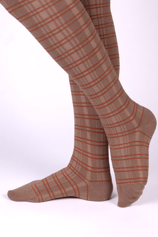 1920s patterned cotton tights - Caramel With Orange Stripes - Dorothy