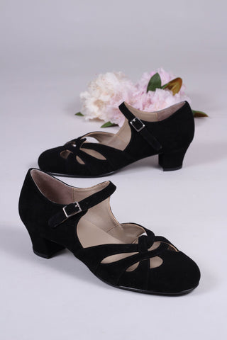 Everyday 1930s /1940s style suede sandals - Black - Ida - memery