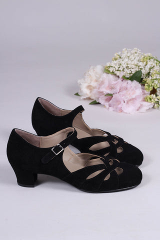 Everyday 1930s /1940s style suede sandals - Black - Ida - memery