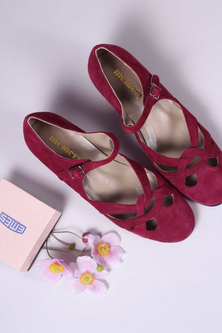 Everyday 1930s /1940s style suede sandals - Burgundy red - Ida - memery