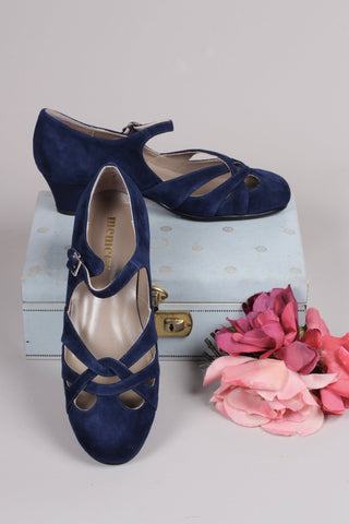 Everyday 1930s /1940s style suede sandals - Navy blue - Ida - memery