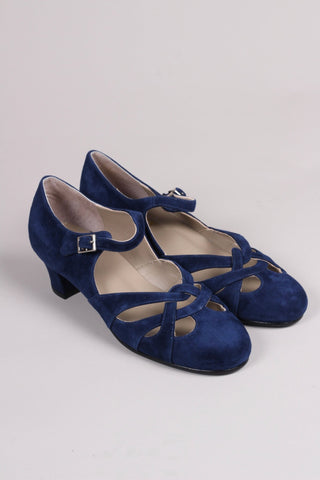 Everyday 1930s /1940s style suede sandals - Navy blue - Ida - memery