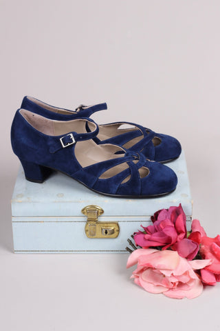 Everyday 1930s /1940s style suede sandals - Navy blue - Ida - memery