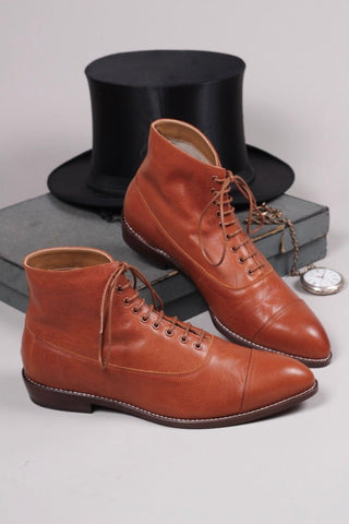 Men's Edwardian 10s - 20s style ankle leather boot - Cognac brown - William - memery